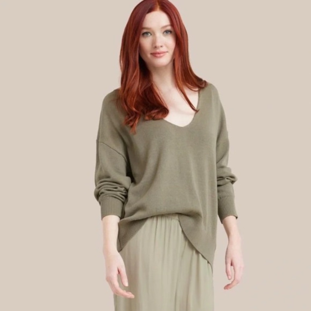 Modern Citizen Chase Relaxed V-Neck Sweater in Dark Sage